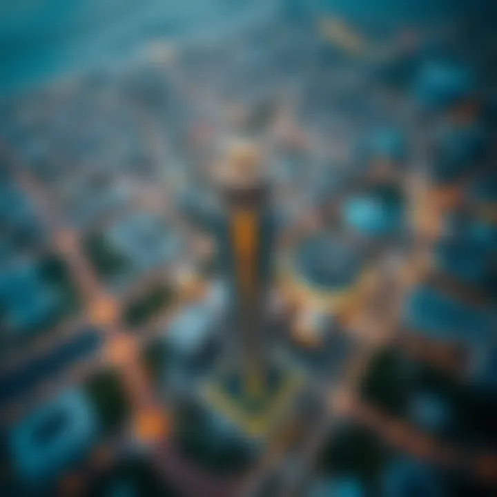 Aerial Perspective of Amal Tower in Sports City Aerial view of Dubai Sports City highlighting Amal Tower's location