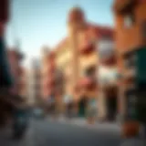 A vibrant street scene showcasing the eclectic architecture of Satwa