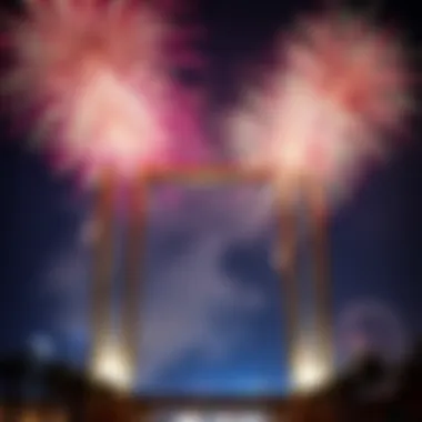 Colorful Fireworks Bursting Near Dubai Frame A close-up of colorful fireworks bursting in the air near the Dubai Frame.