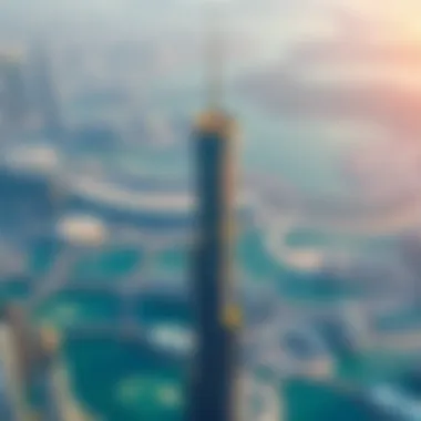 Aerial Perspective of Dunya Tower in Dubai Aerial view of Dunya Tower integrated within Dubai's skyline