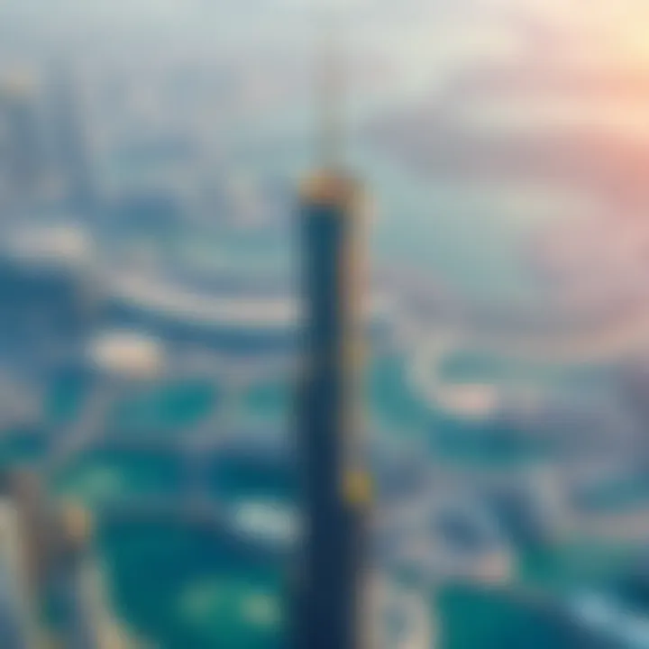 Aerial Perspective of Dunya Tower in Dubai Aerial view of Dunya Tower integrated within Dubai's skyline