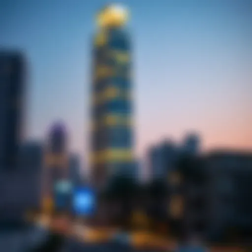 Dunya Tower Illuminated at Dusk Dunya Tower at dusk showcasing its illuminated facade