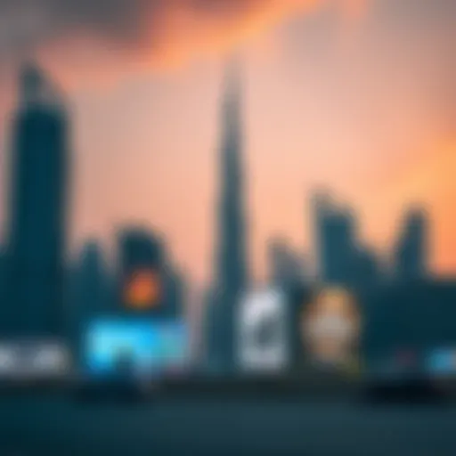 Dubai's Iconic Skyline Showcasing Ad Innovations Skyline of Dubai with advertising billboards