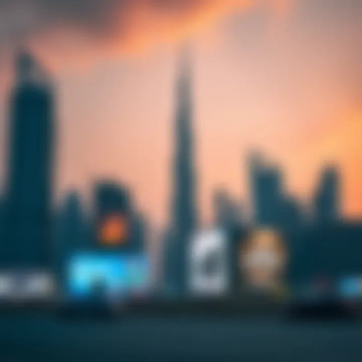 Dubai's Iconic Skyline Showcasing Ad Innovations Skyline of Dubai with advertising billboards