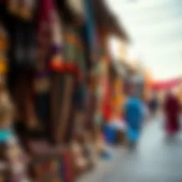 A bustling scene in a traditional Dubai market showcasing vibrant textiles and goods