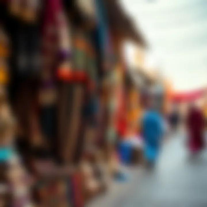 Vibrant Textiles in Dubai's Traditional Market A bustling scene in a traditional Dubai market showcasing vibrant textiles and goods