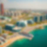 Aerial view of برجيل جزيرة الريم showcasing its modern architecture and scenic waterfront.