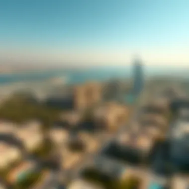 Aerial shot of برج الدانة emphasizing its prime location in Dubai