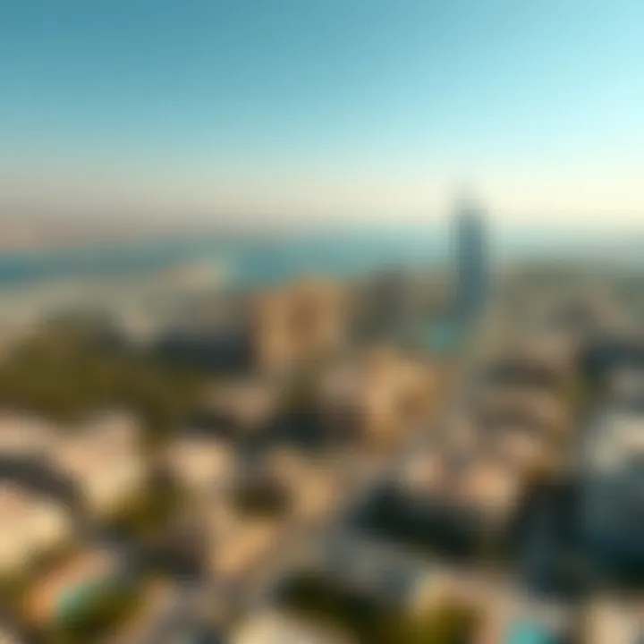 Aerial shot of برج الدانة emphasizing its prime location in Dubai