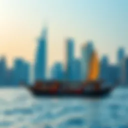 Traditional Dhow sailing under the Dubai skyline