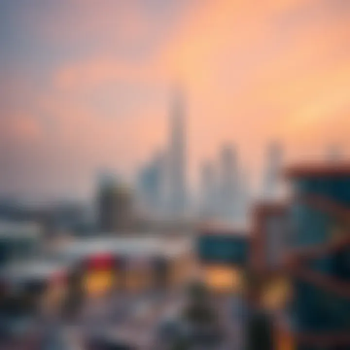 A panoramic view of the Dubai skyline with Outlet in focus