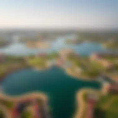 Aerial view of Expo Lake and surrounding green spaces, illustrating its vastness.