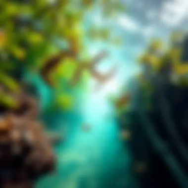 Biodiversity in Mangrove Ecosystems Close-up of vibrant marine life thriving in the mangrove ecosystem, highlighting biodiversity