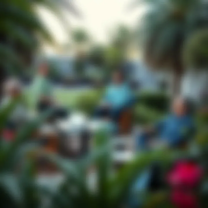 Brainstorming in a Garden Setting A group brainstorming session in a picturesque garden setting in Dubai