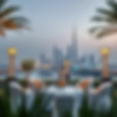 Elegant Outdoor Corporate Setup An elegant outdoor setup for a corporate event under the Dubai skyline