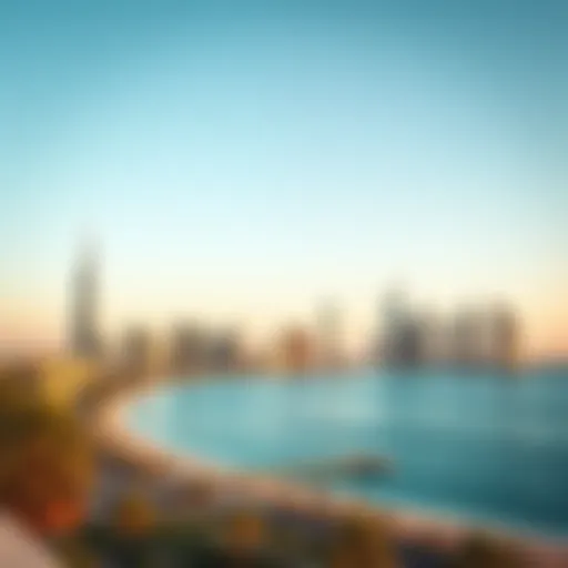 A panoramic view of Pointe Beach showcasing the stunning skyline of Dubai.