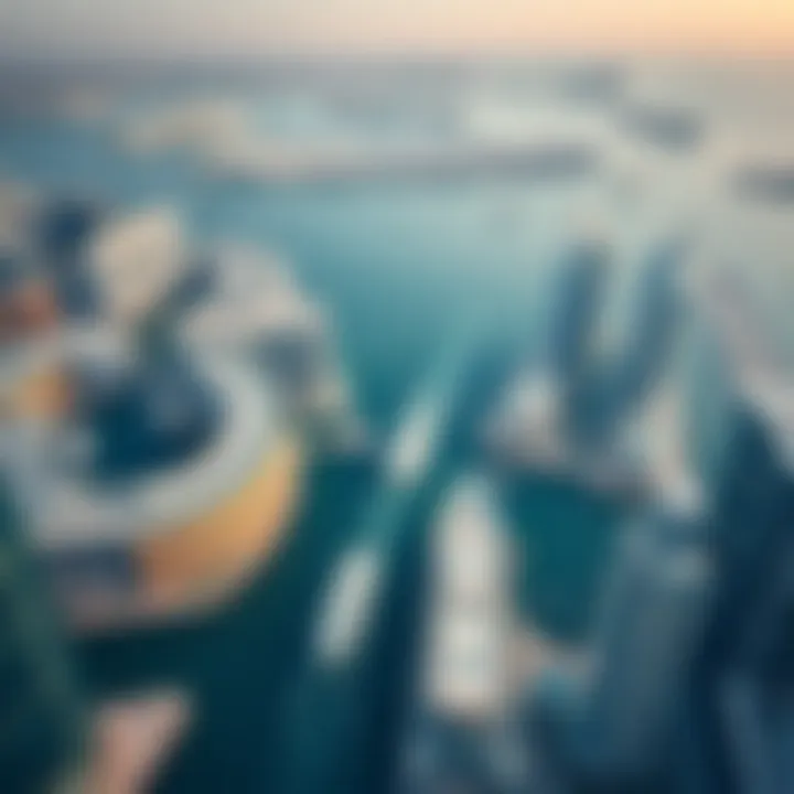 Aerial view of Dubai Marina with boats A stunning view of Dubai Marina with boats cruising