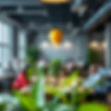 A vibrant coworking space filled with diverse professionals engaged in work