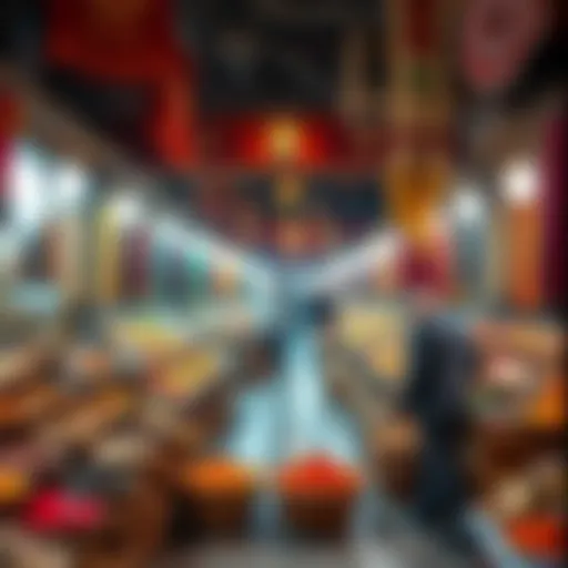 Traditional Market Stalls of Dubai Souq A vibrant scene of traditional market stalls filled with spices and textiles