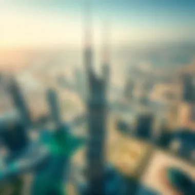 Aerial Perspective of the Tower in Dubai Aerial view of the Maze Tower surrounded by Dubai's skyline