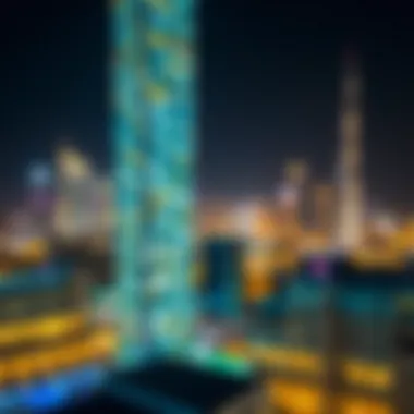 Night Illumination of Maze Tower The Maze Tower illuminated at night against the Dubai skyline