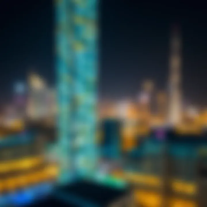 Night Illumination of Maze Tower The Maze Tower illuminated at night against the Dubai skyline