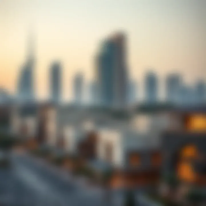 Dubai's Urban Landscape and Society Houses Artistic representation of Dubai's skyline with society houses