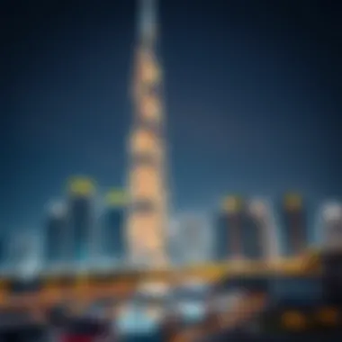 Evening Illumination of Park Central Tower Evening view of Park Central Tower illuminated against the Dubai skyline