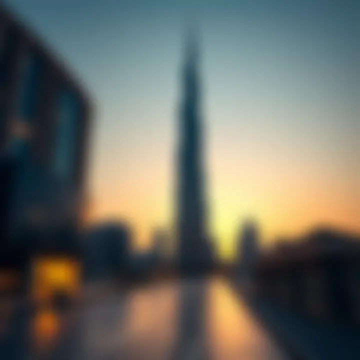 Elegant High-Rise Tower at Dusk An elegant high-rise tower reflecting the sun's rays at dusk