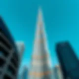 A stunning view of the Burj Khalifa against a clear blue sky