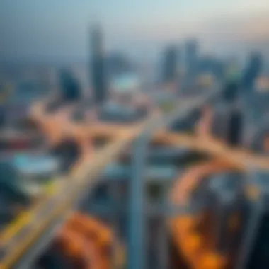 Aerial view of Dubai's skyline with metro line