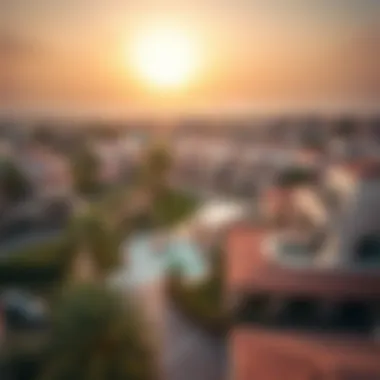 Aerial view of Irish Village Al Garhoud showcasing lush landscapes and unique architecture.