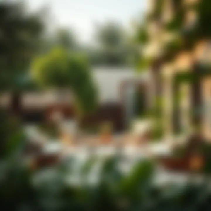 Relaxed outdoor seating area surrounded by greenery in Al Garhoud.