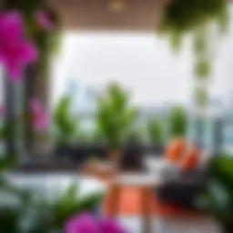 Contemporary balcony with vibrant greenery and modern furnishings