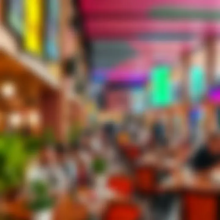 A vibrant atmosphere filled with colorful decor and lively patrons enjoying their meals