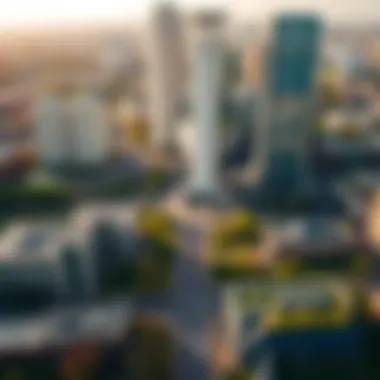 An aerial view of city centre development and green spaces