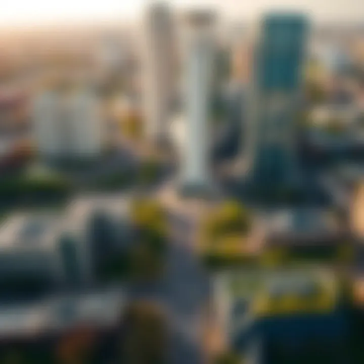 An aerial view of city centre development and green spaces