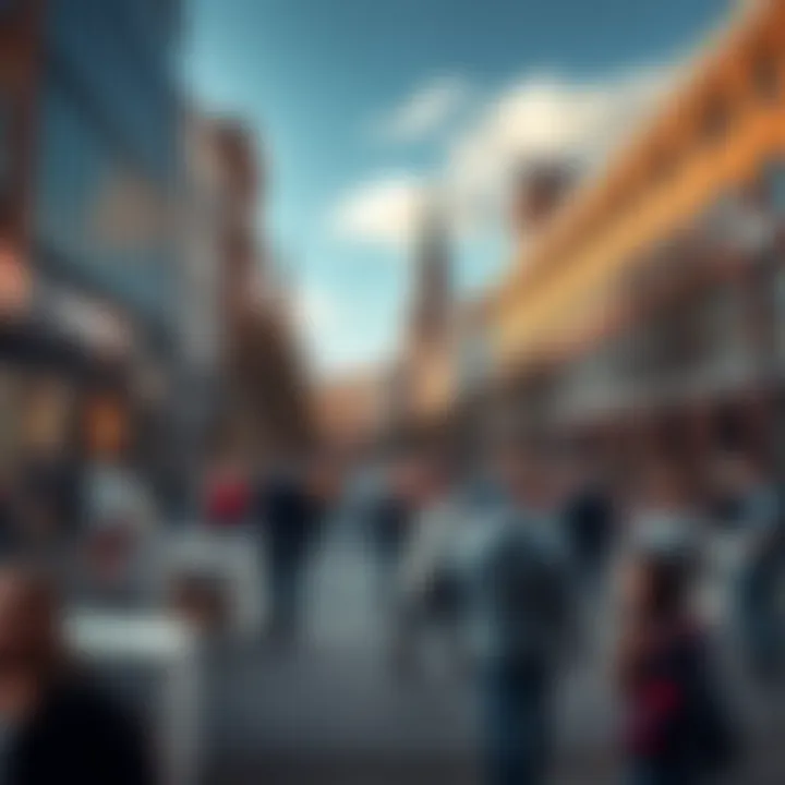 A public square filled with art installations and community events