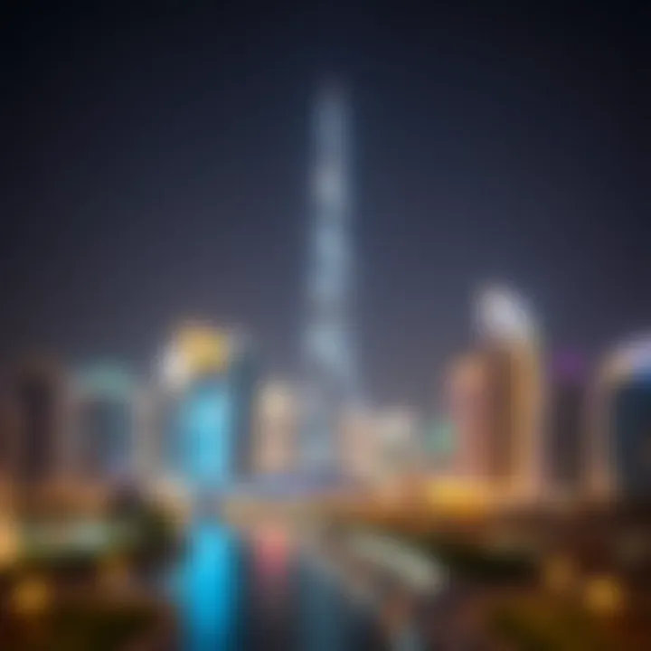 Ontario Tower in Dubai's Night Skyline Nighttime skyline of Dubai featuring Ontario Tower illuminated against the city lights