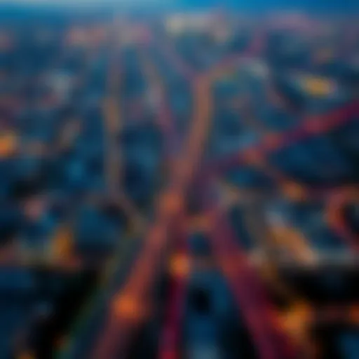 Strategic Layout of Production Cities with Metro Lines Aerial view of a production city showcasing metro lines