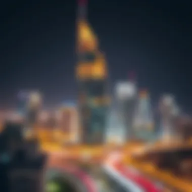 Night View of Apricot Tower Night view of Apricot Tower illuminated against the Dubai skyline