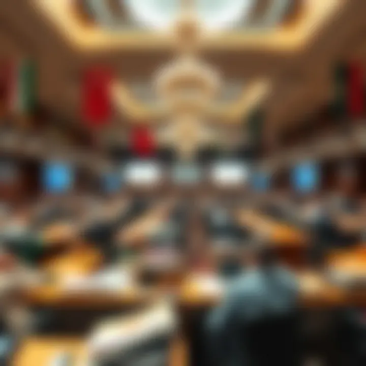 Auction Room Dynamics A vibrant auction room filled with bidders and real estate items.