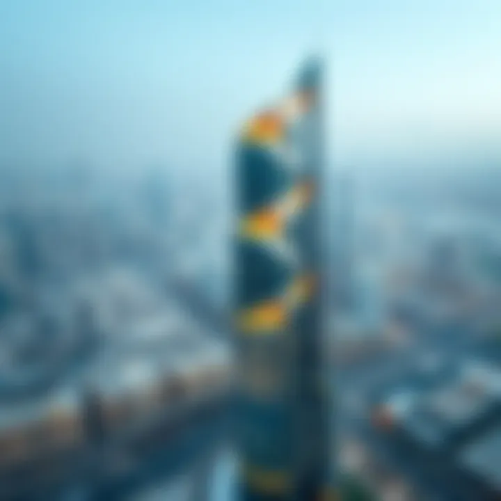 Aerial view of the Opus Tower showcasing its unique architectural design