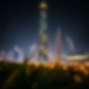 Night view of the Opus Tower illuminated against the Dubai skyline