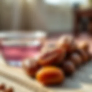 Traditional Iftar Items A close-up of dates and water, representing traditional Iftar practices.
