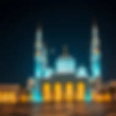 Illuminated Mosque at Night An inviting mosque illuminated at night, showcasing the spiritual essence of Ramadan.