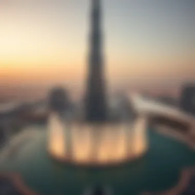 Aerial Perspective of the Dubai Fountain and Burj Khalifa Aerial shot of the Dubai Fountain and Burj Khalifa